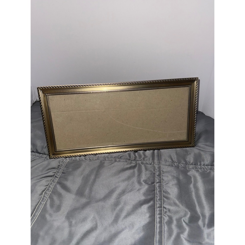 Gold Panoramic Picture Frame Beaded Rope Trim Tabletop Wall Mount 14.5x6.5
